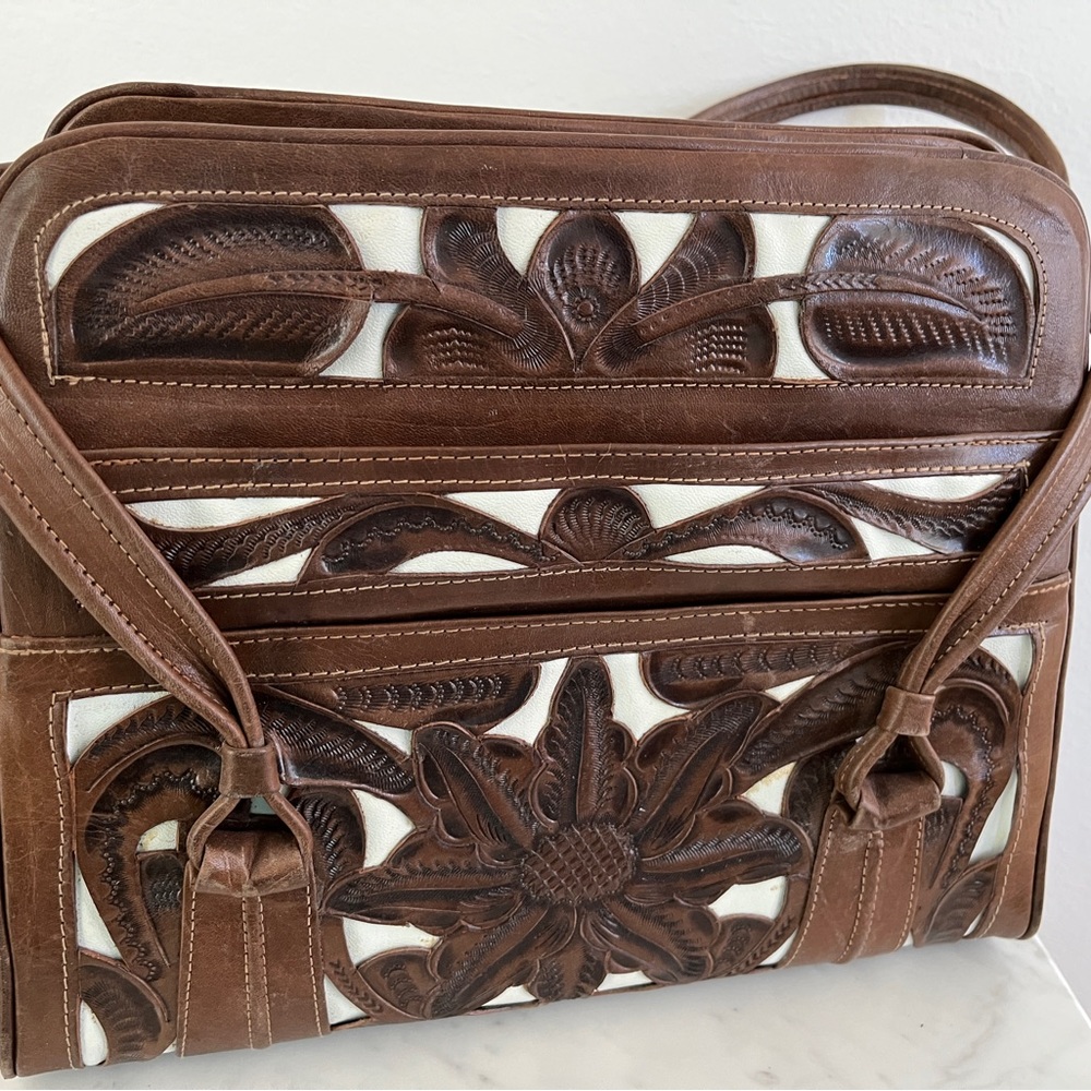 Vintage Tooled Leather Top Handle Purse Bag Dark Chocolate Brown White Two Tone